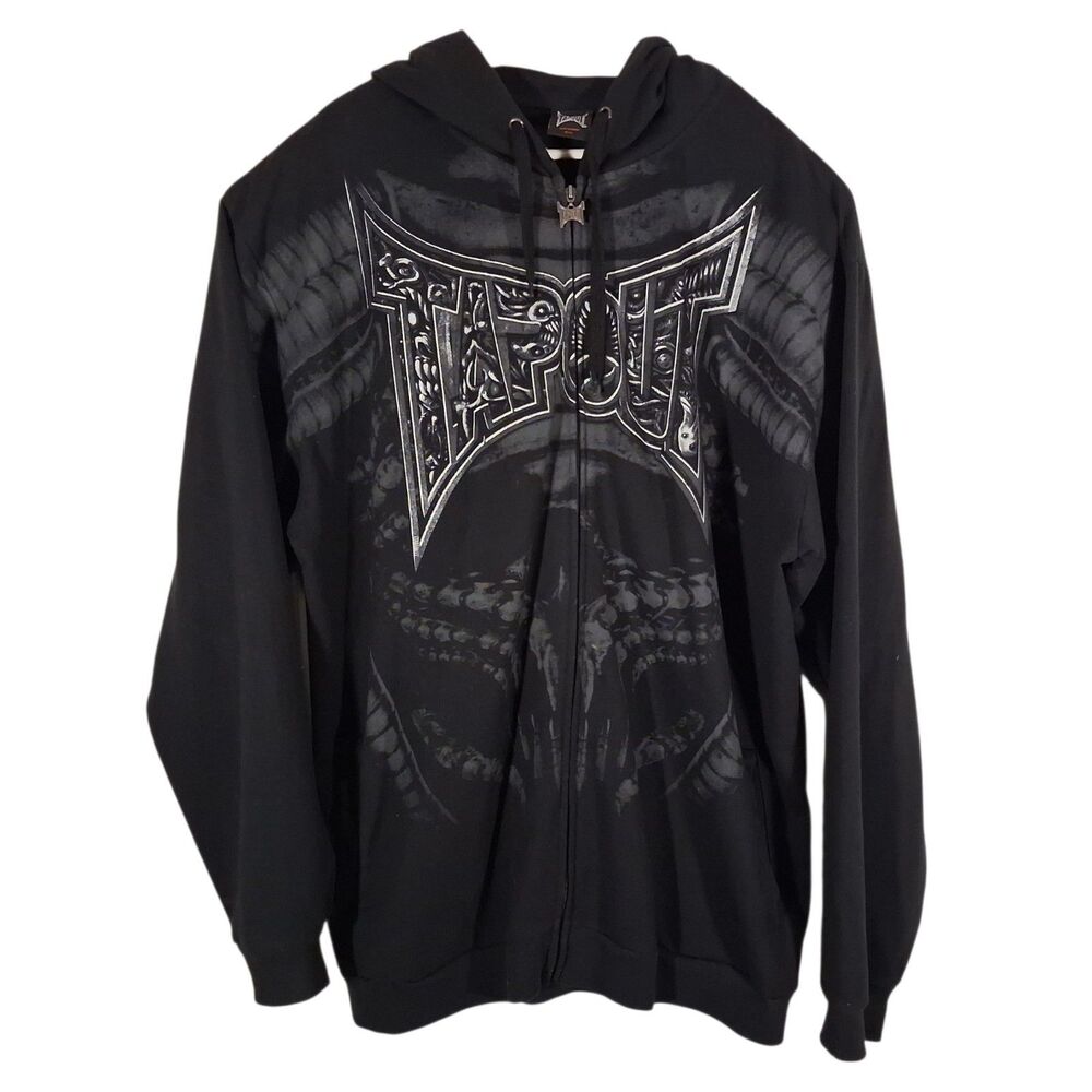 TAPOUT vintage hoodie mens 3XL black graphic full zip Y2K 90's hooded long sleev